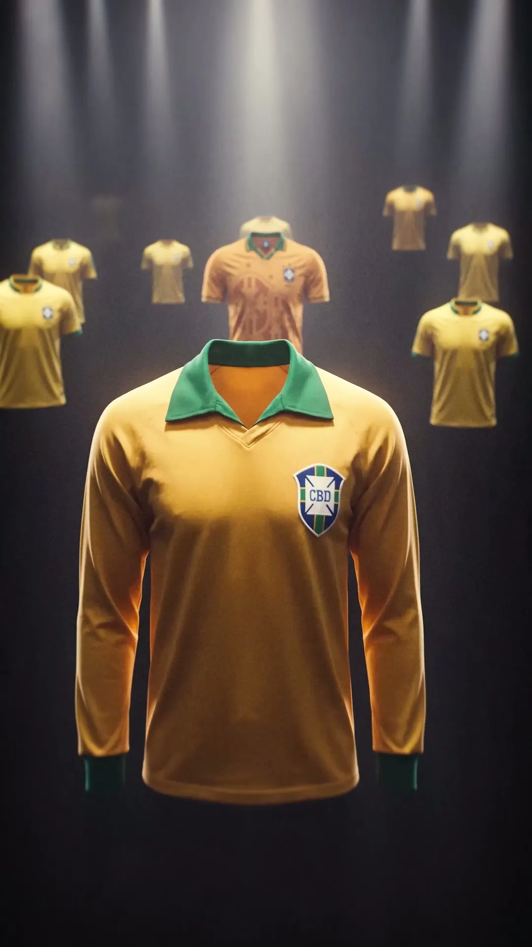 Camisas da Seleção de várias épocas expostas no escuro, quadro do filme.