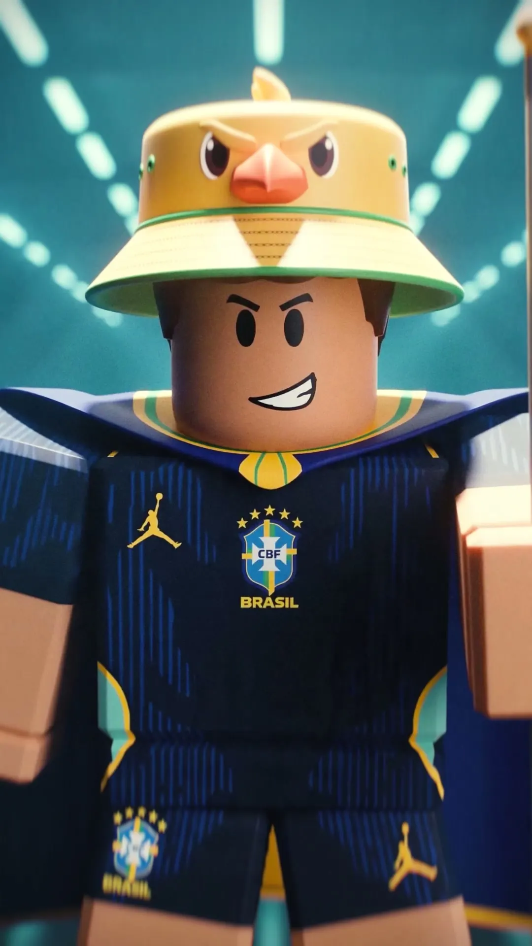 Avatar do Roblox com o chapéu de canarinho e o uniforme azul da Seleção.