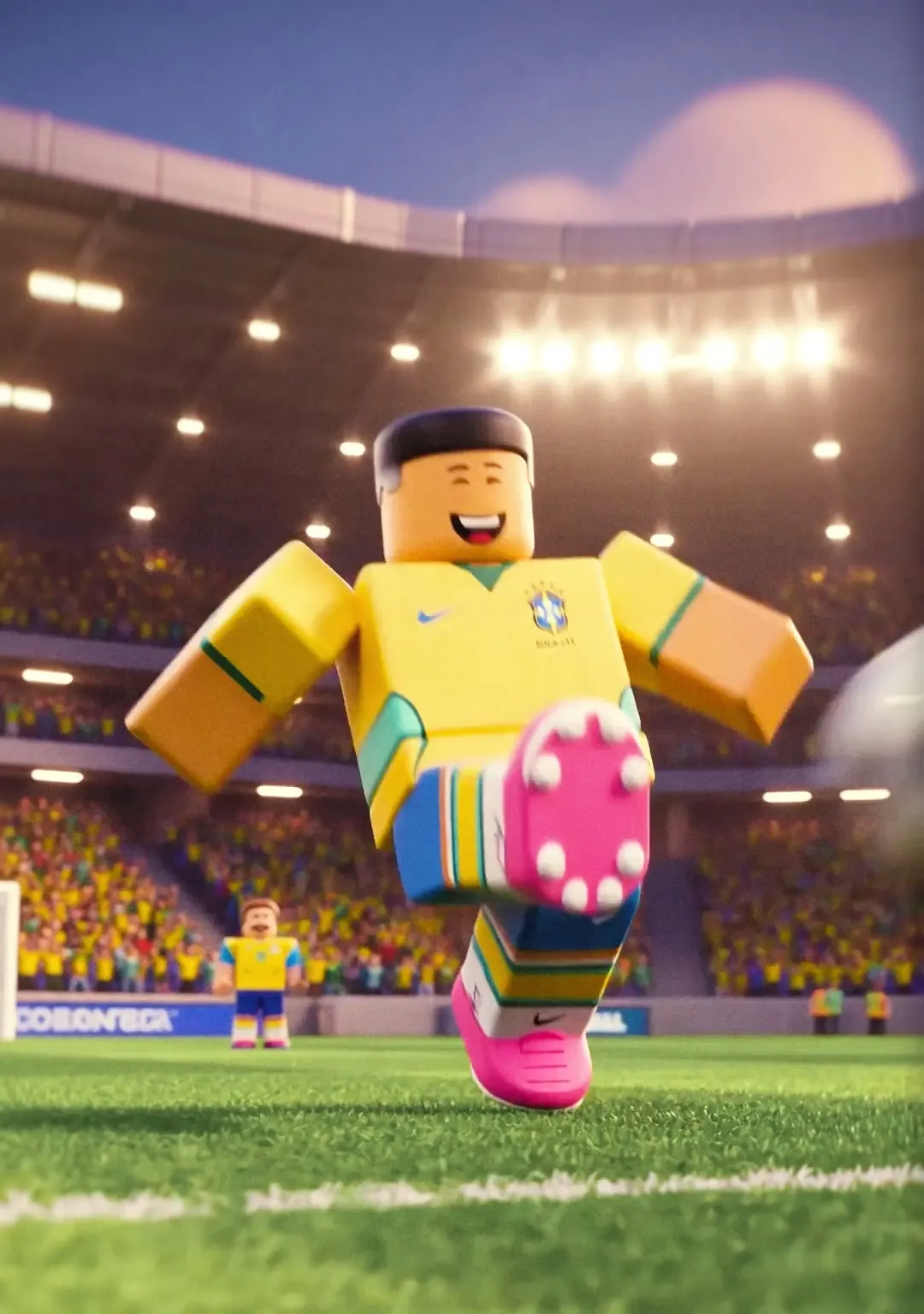 Avatar do Roblox com a camisa amarela chuta a bola num estádio lotado.