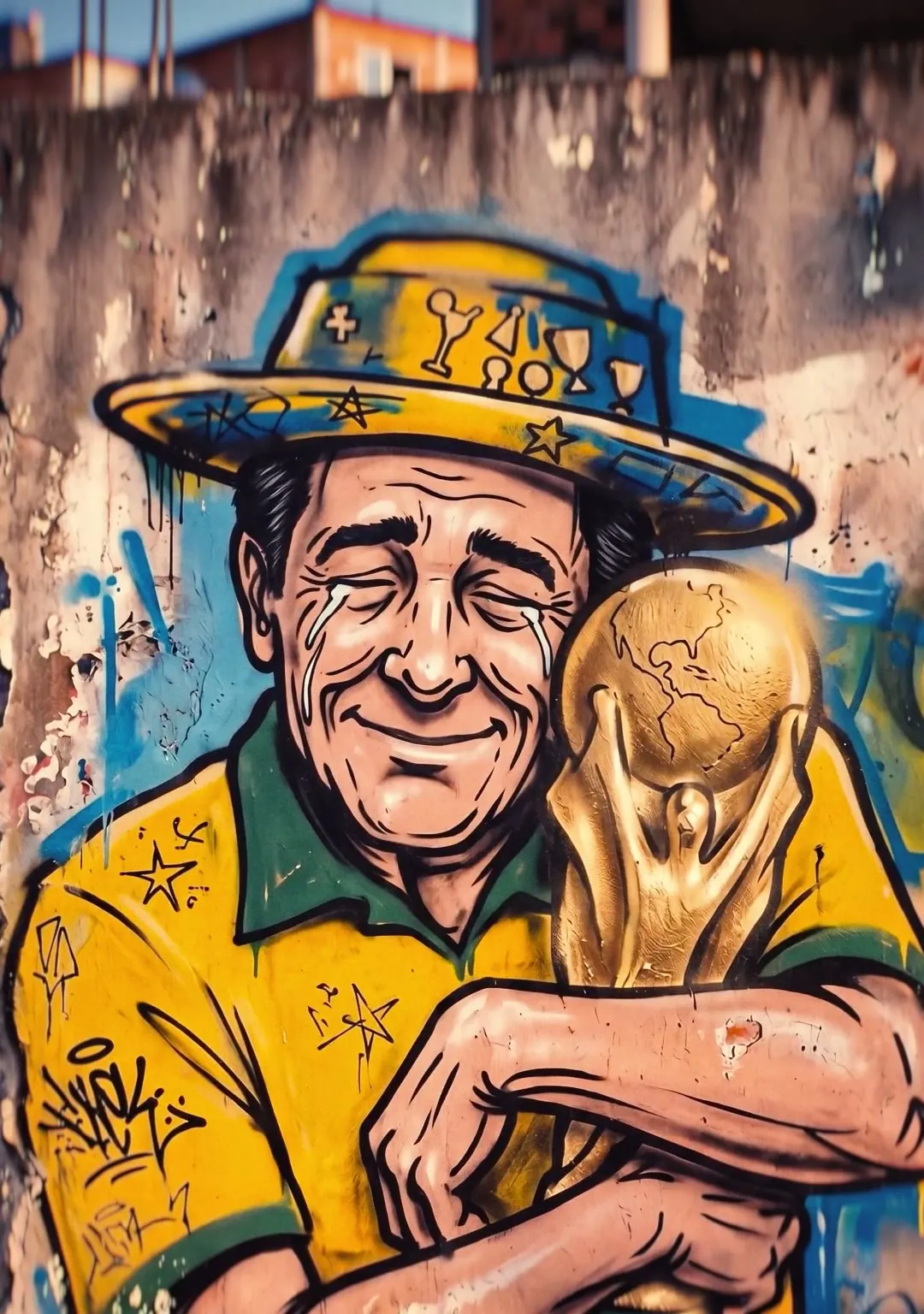 Grafite de um avô emocionado abraçado à taça da Copa.