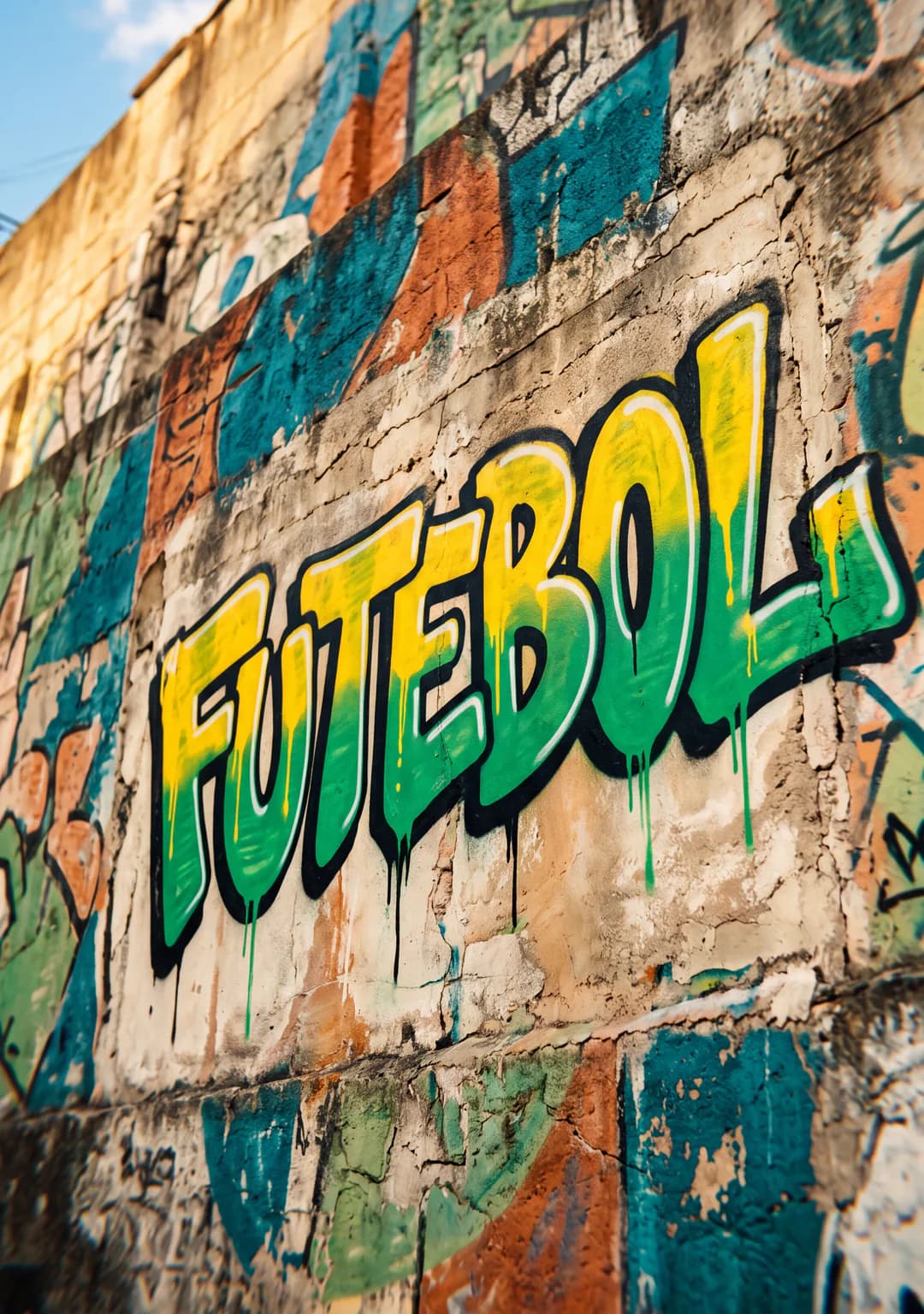 Muro da comunidade com a palavra FUTEBOL pintada, visto de baixo.