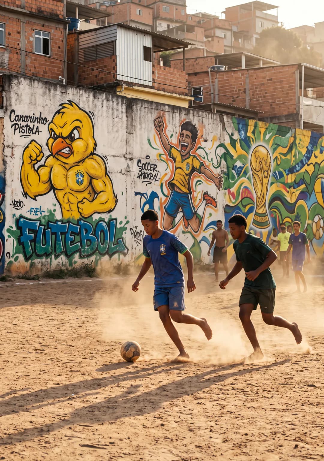 Pelada num campo de terra diante de um muro grafitado da comunidade.