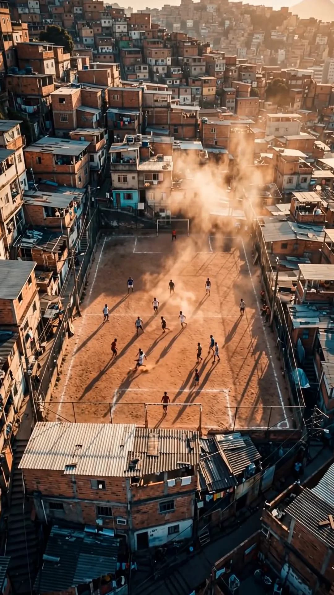 Quadro do filme: vista aérea da comunidade com a pelada no campo de terra, no meio da poeira.