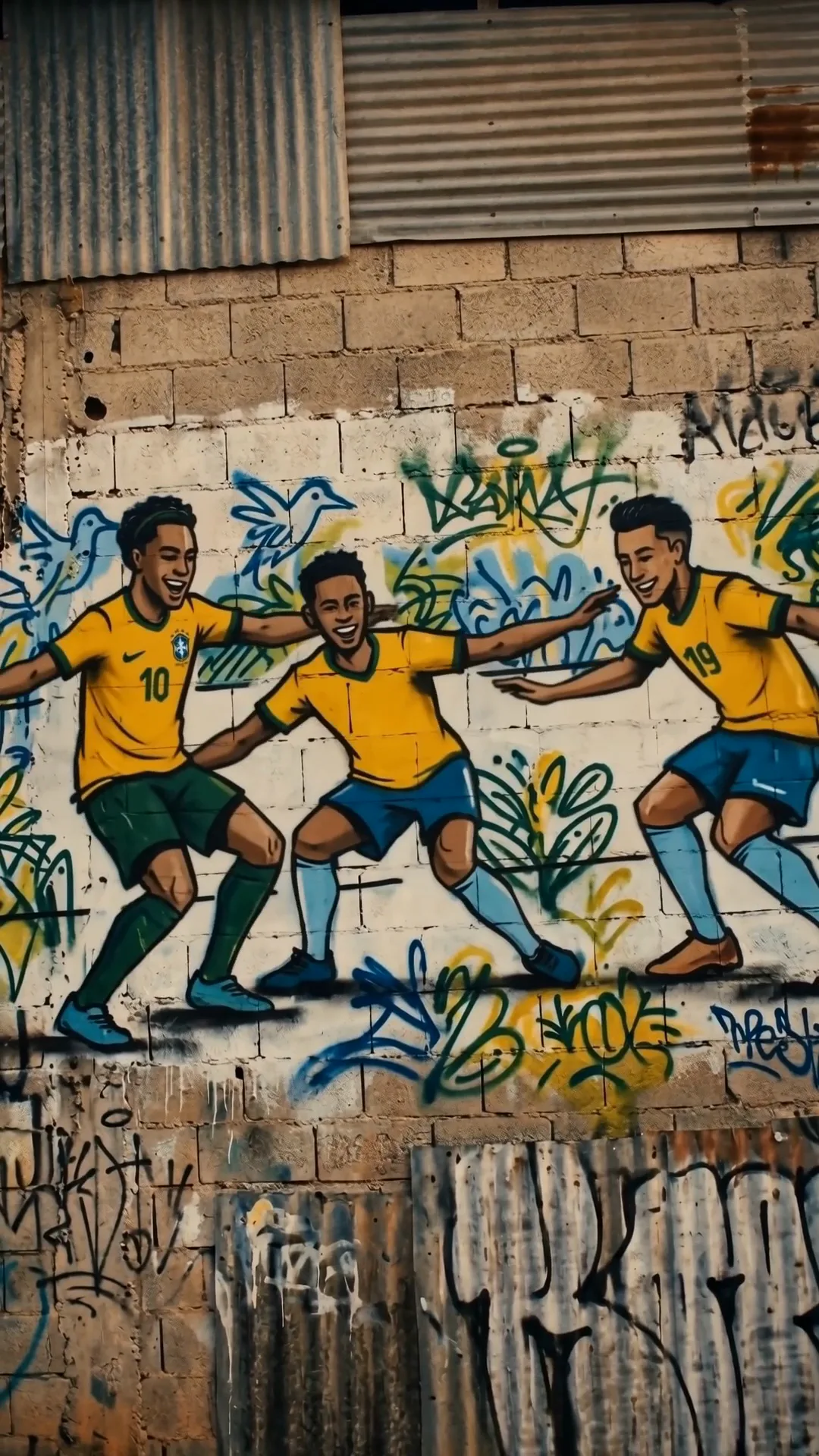 Quadro do filme: grafite de três jogadores com a camisa amarela driblando, num muro da comunidade.