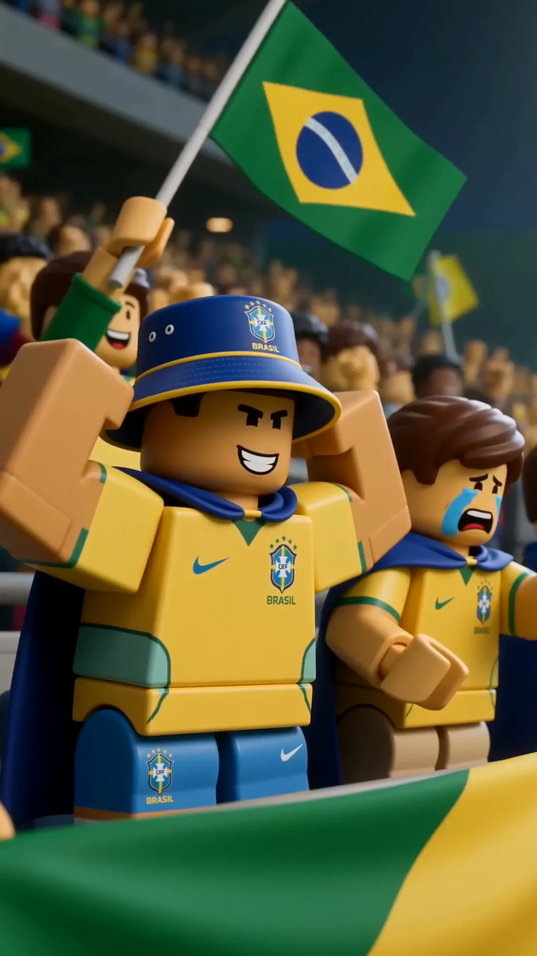 Quadro do filme: torcida de avatares do Roblox com a camisa e a bandeira do Brasil.