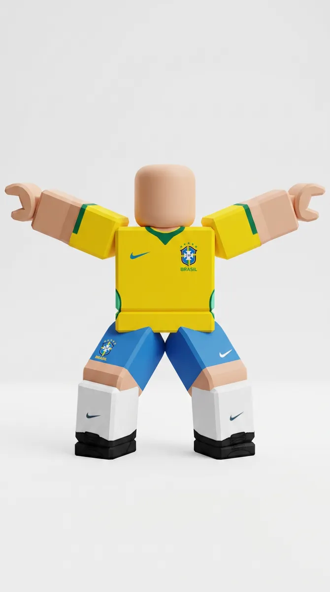 Avatar do Roblox em blocos com a camisa amarela da Seleção.