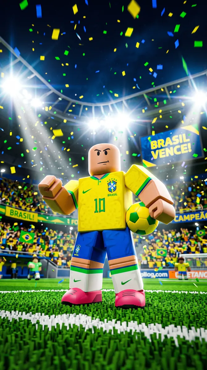 Avatar de blocos num estádio lotado, com confete e a bola nas mãos.