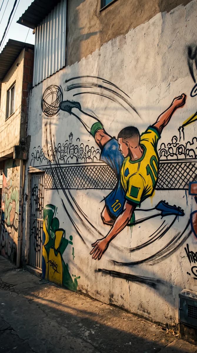 Grafite de um jogador dando uma bicicleta.
