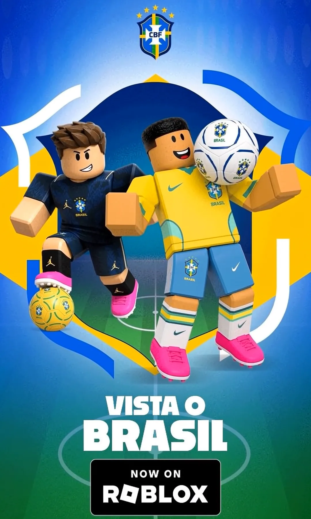 Arte final do filme: dois avatares do Roblox com os uniformes da Seleção e a chamada Vista o Brasil, now on Roblox.