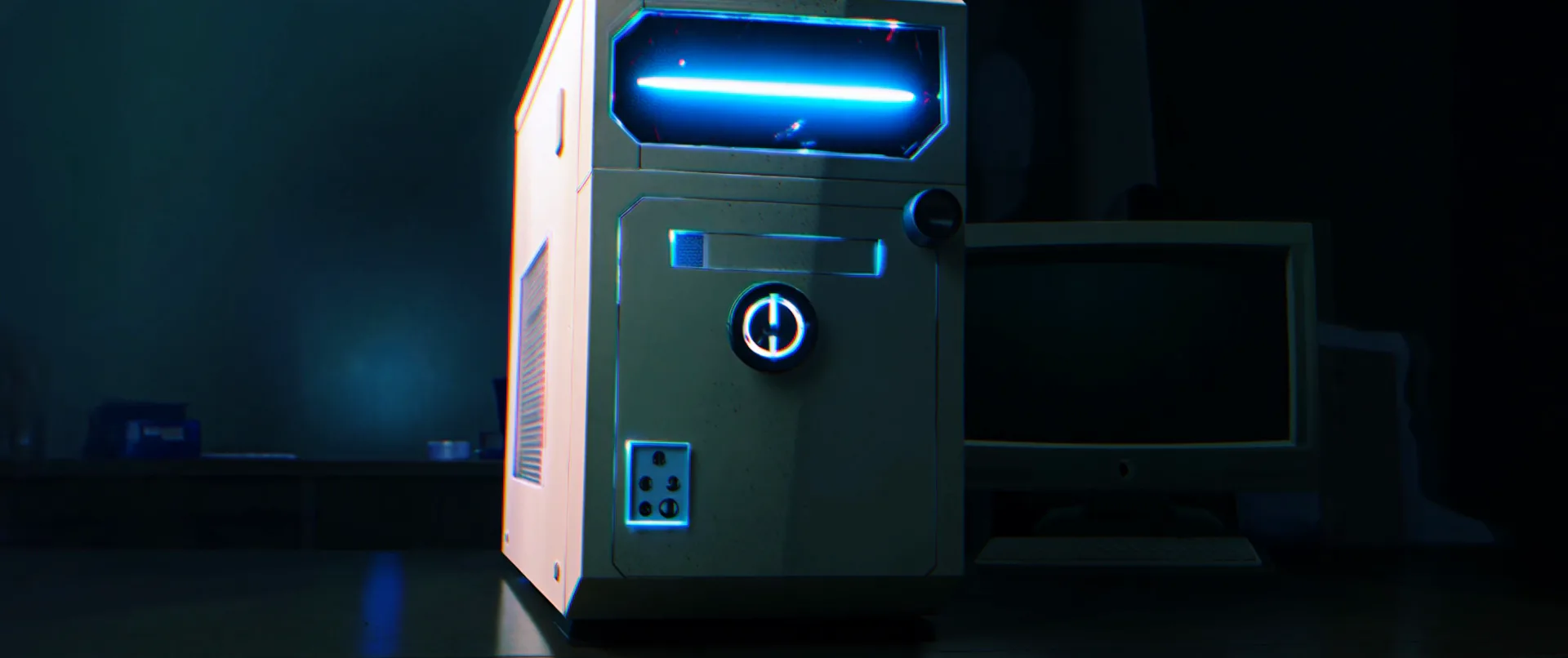 Gabinete de computador antigo com luz azul no escuro, abertura do filme.