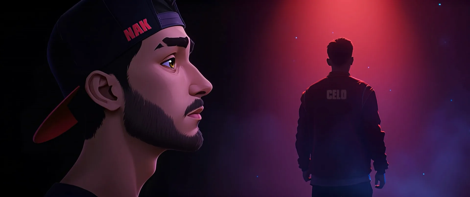 Jogador de boné em perfil, em traço ilustrado, diante de um rival de costas.