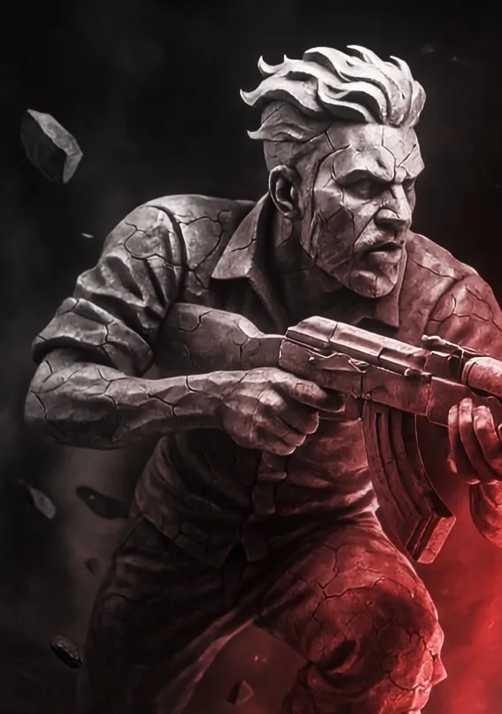 Lenda da velha guarda do CS desenhada no estilo do filme, de fuzil em punho, sobre fundo vermelho.