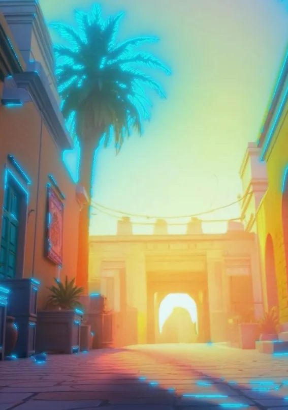 Um mapa clássico do CS em traço ilustrado, com luz neon azul e o sol no fim da rua.