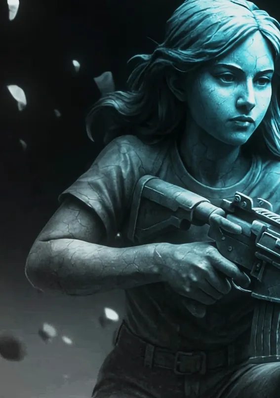 Jogadora da nova geração desenhada no estilo do filme, em tons de azul.